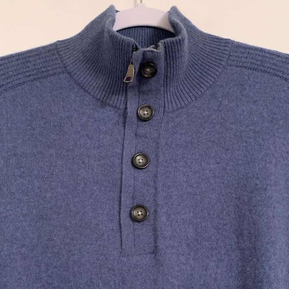 Banana Republic Men's Wool Blue Sweater with 3/4 Zip and Button Collar Size XL